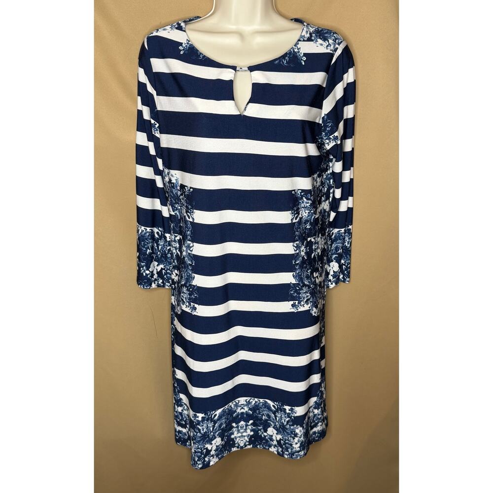 Haani Navy White Floral Stripe Sheath Dress L